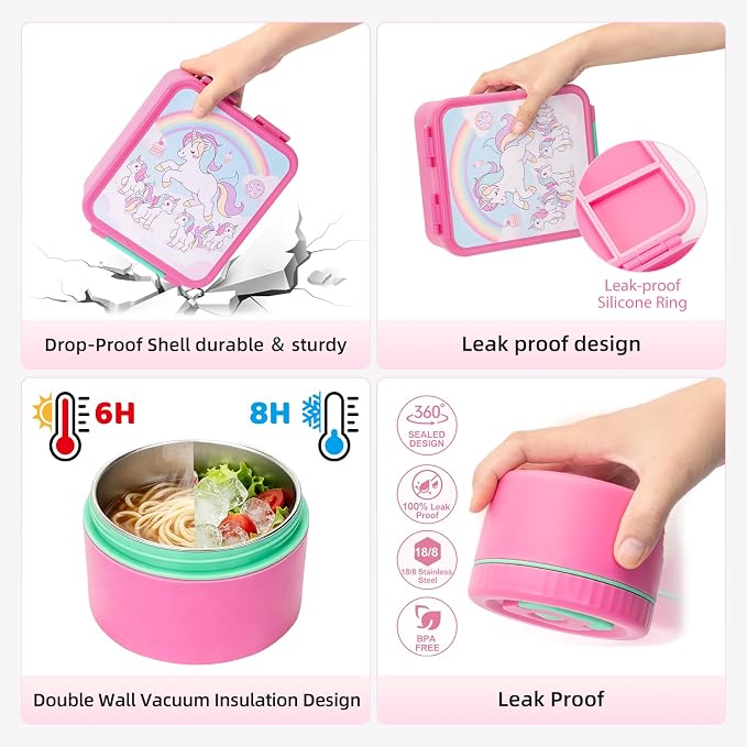 Kids Bento Lunch Box with 12oz Insulated Food Jar, 4-Compartment Lunch Box | Leak-Proof Bento Box for Hot & Cold Food, Easy-Open School Lunch Container for Toddlers Boys & Girls