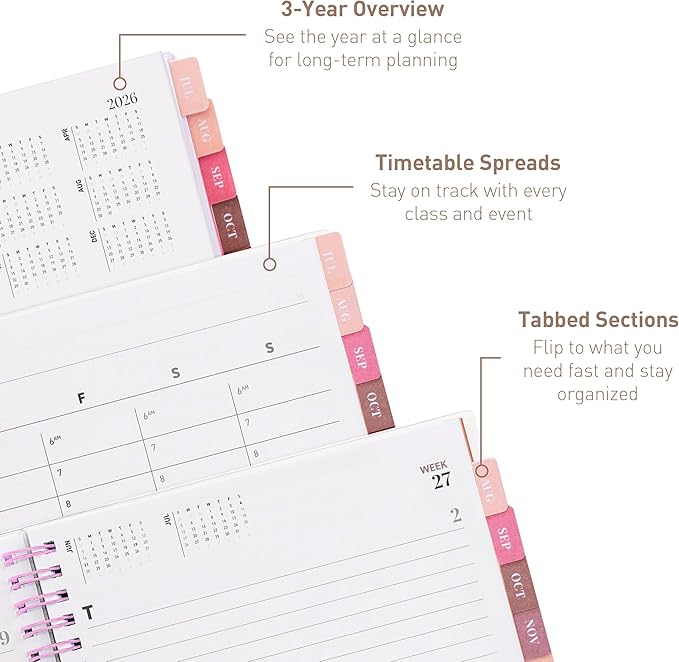 Rileys Academic Planner 2026-2027, Daily, Weekly & Monthly Planner, July 2026 - June 2027, Student Notes Pages, Twin-Wire Binding, Weekly Agenda for School & Work (8 x 6-Inches, Deco, Pink)