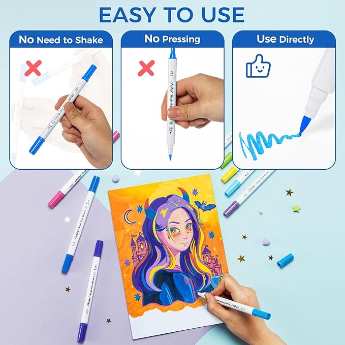Ohuhu Acrylic Paint Markers Dual Tips: 72 Colors Brush & Dot Paint Pens High Opacity Acrylic Markers Waterproof Lightfast for Rock Painting 3D Prints Egg Wood Glass Ceramic DIY Crafts - Akaka