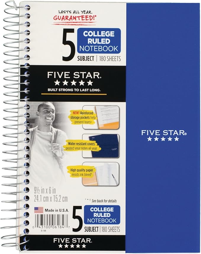 Five Star Spiral Notebook, 5 Subject, College Ruled Paper, 9-1/2" x 6", Blue (73659)