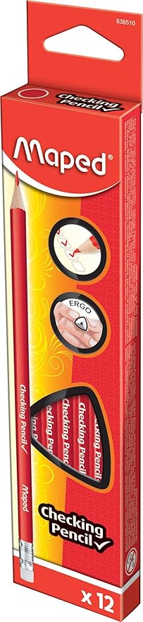 Maped Red Checking Triangular Graphite Pencils – Variety for Comfortable Writing – Smooth, Durable, Latex-Free – Red Checking Pack of 12