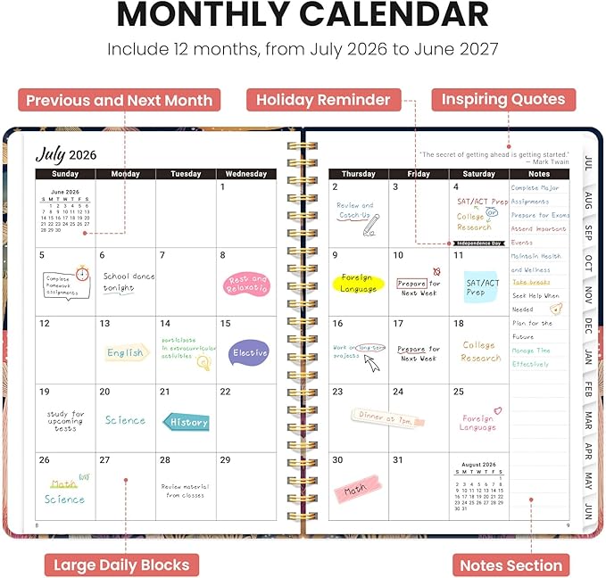 Planner 2026-2027, Hardcover Monthly and Weekly Academic Planner July 2026 - June 2027, Teacher and Student Calendar Agenda Book with Tabs, A4 (8.5" x 11"), Ideal for School and Office, Mushroom Party