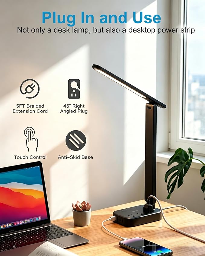 One Beat Small LED Desk Lamp Power Strip 5ft Extension Cord with 3 Outlets 4 USB Ports(2 USB C), 4 Modes, 5 Level Touch Lamp Study Reading Light, Home Office Bedroom College Dorm Room Essentials,Black