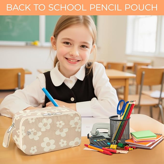 WOBAGMEN Cute Pencil Case,Large Corduroy Zippered Pencil Case Pouch, aesthetic Pencil Bag with Compartments, Pencil Pouch School Supplies (HY-corduroy pc-brown floral)