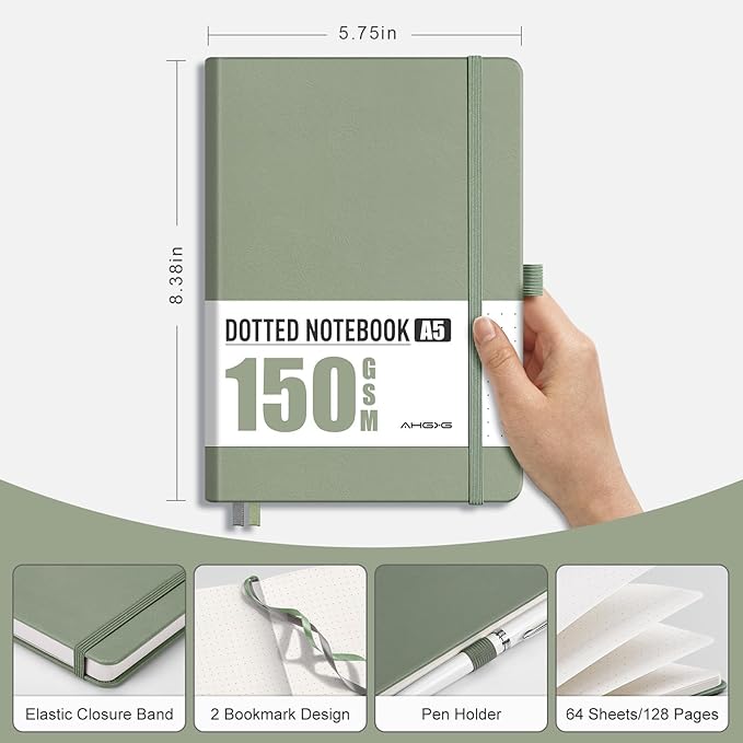 AHGXG Dotted Journal - 150 GSM Dot Grid Notebook Journal, Thick Acid-Free Paper, A5 Dotted Notebook 128 Pages, Leather Hardcover, Inner Pocket, Journal Stencil, 5.7'' × 8.3'', Sage Green