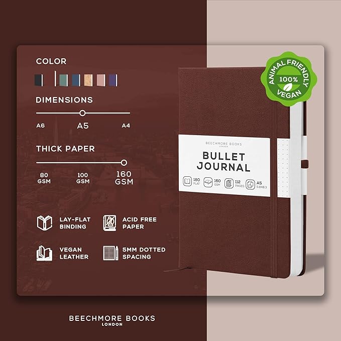 BEECHMORE BOOKS A5 Dotted Journal – 160gsm Thick Paper No-Bleed Bullet Notebook – Hardcover Dot Grid Logbook with Presentation Gift Box – Vegan Leather Sketchbook for Artists & Professionals