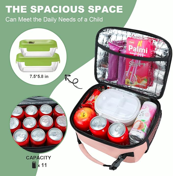 Kids Lunch Box for Boys Girls Lunch Bag Insulated Durable Lunchbox Children Lunch Tote Bag for School Pink