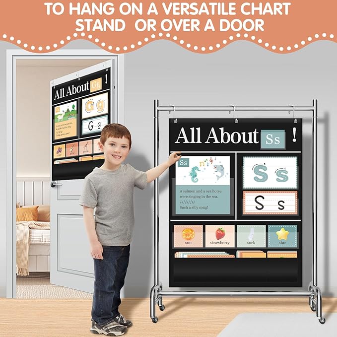 All About Letters Pocket Chart with ABC Flash Cards, 34" X 27", Letter of The Day/Week Daypocket Chart, Letter Tracing Learning Educational Wall Chart Preschool Classroom Homes, Black