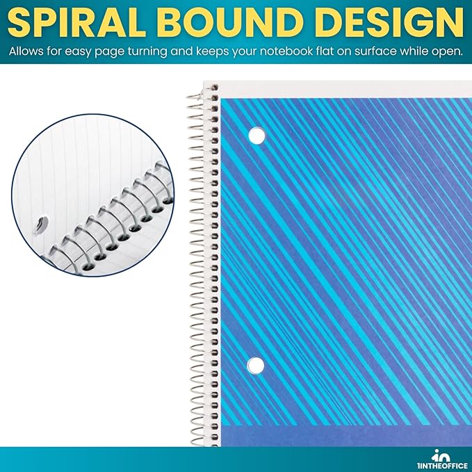 1InTheOffice Spiral Notebook College Ruled 10.5 x 7.5, 1-Subject College Ruled Notebooks, Wirebound Spiral Notebooks, 3-Hole Punched, 70 Sheets, Assorted Colors, 8 Pack