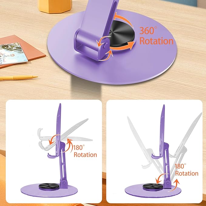 Universal Metal Cell Phone Stand, Multi-Angel Adjustable 360° Rotation Non-Slip Metal Phone Stand Compatible with iPhone 17 16 Pro Max and All Smartphones (Purple&Purple)