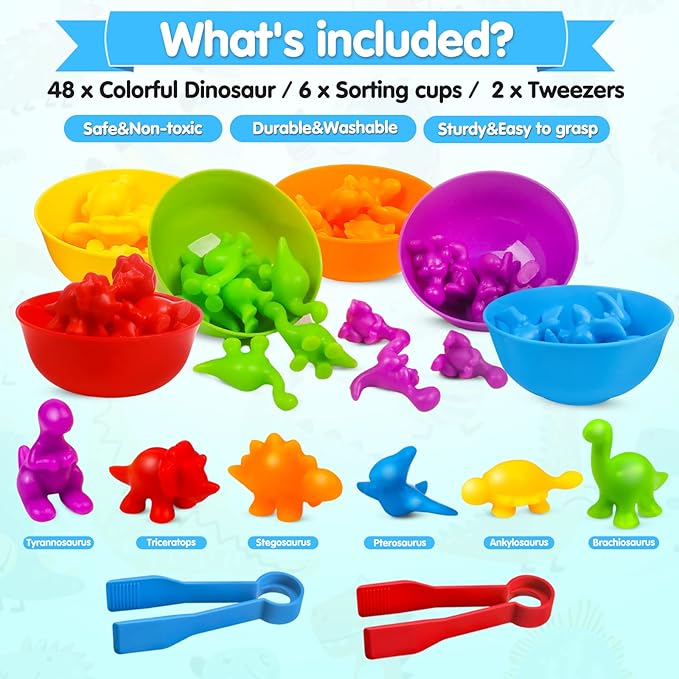 USATDD Counting Dinosaurs Montessori Toys Color Sorting Animals Matching Games Preschool Learning Activities Educational Sensory Toys Easter Basket Stuffers Gifts for Kids Toddlers Boys Girls Age 3+