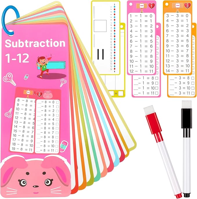 15Pcs Subtraction Flash Cards, Subtraction Chart 1-12 with 2 Dry Erase Pens 1 Rings, Time Table Flash Cards for 1st to 3rd Grades Fun Learning with Math Game