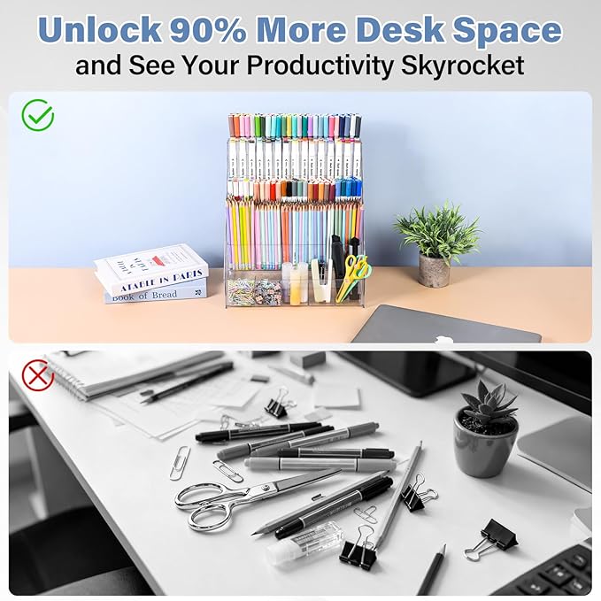 CELSOL Acrylic Pen Holder – 3 Tier 15 Compartments Vertical Storage for Markers, Pens & Art Supplies – Clear Desk Organizer for Home, School & Office – Ideal for Space-Saving & Desk Organization
