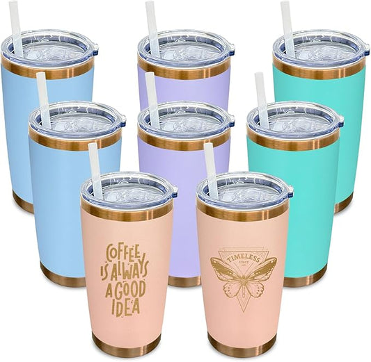 20 oz Tumbler Bulk 8 Pack Stainless Steel Tumblers with Lids and Straws, Double Wall Vacuum Insulated Travel Coffee Mug for Laser Engrave, Powder Coated Cups for Hot and Cold Drinks (Mixed C,8 pack)
