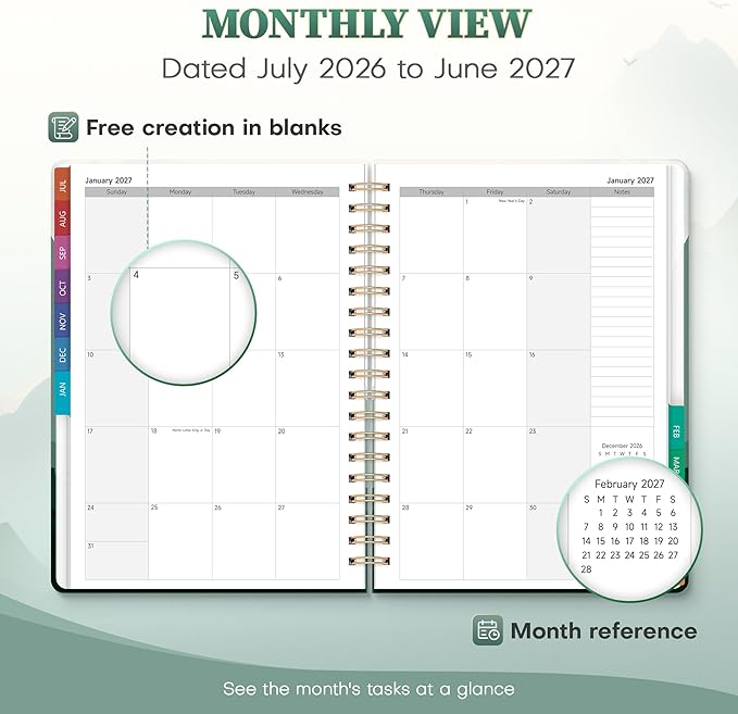 Planner 2026-2027 Monthly and Weekly Academic Planner July 2026 - June 2027, Hardcover Calendar 2026-2027 Agenda Daily Planner for Student Teacher School Office Supplies, 7.4" x 10.2", Green Mount