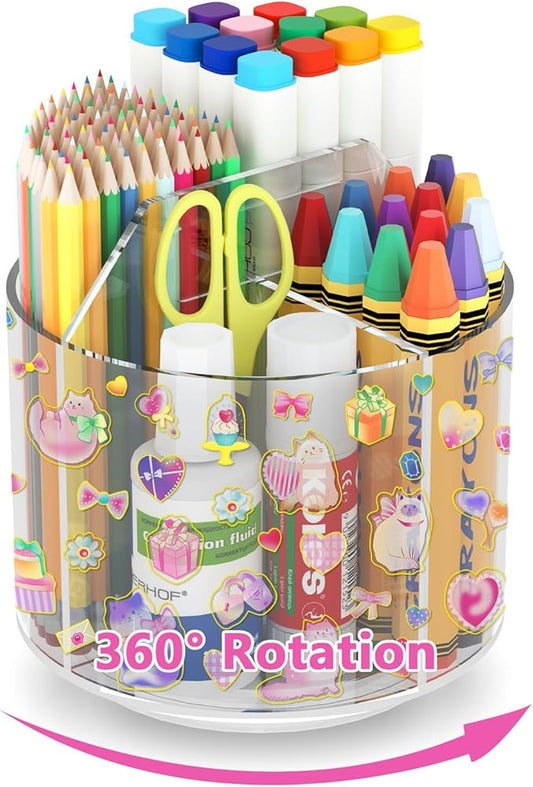 Wawocs Acrylic Pencil Organizer for Desk 4 Compartments with Adhesive DIY Sticker, Rotating Art Supply Organizer with Kawaii Sticker Kids, Spinning Round Marker Small Supply Caddy