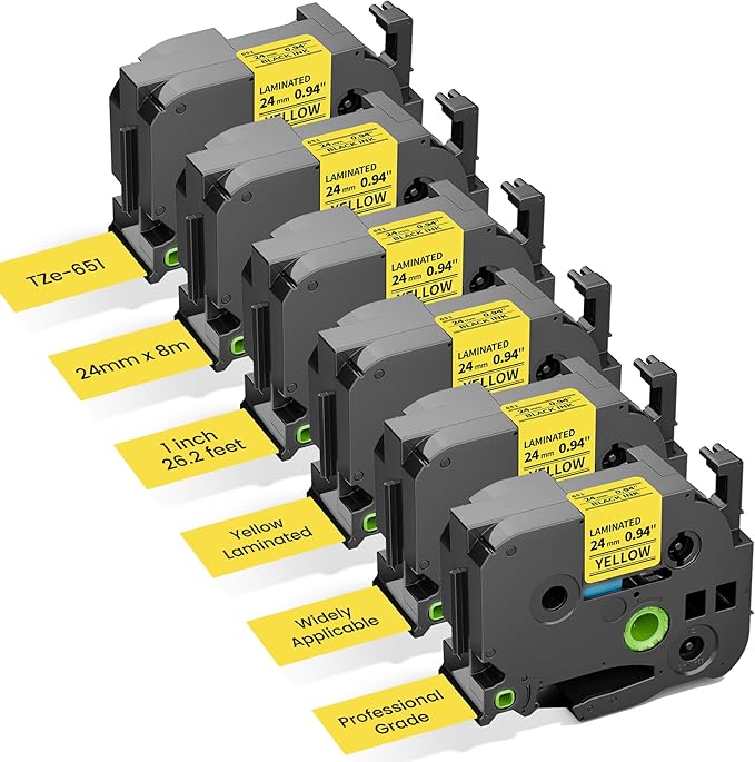 6x Replace for Brother Label Maker Tape 24mm Yellow Laminated TZe TZ Tape 24mm 0.94 TZe-651 Compatible with Brother P-Touch Label Maker Refills Yellow 1'' TZe651 for PTD600 610BT P700 710BT 750W 910BT