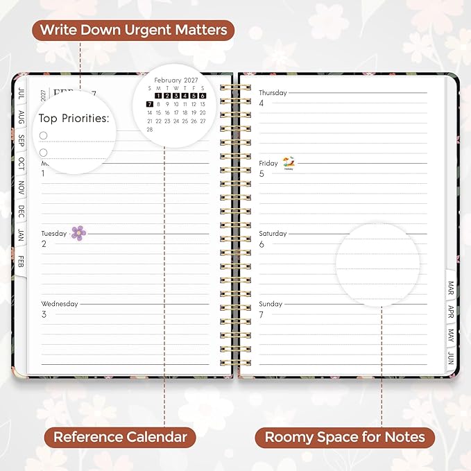 KONVINIT Academic Planner 2026-2027, 12 Months Daily Planner 2026 - July. 2026 to June. 2027, Black 2026-2027 Monthly Planner with Tabs for Student Teacher, A5 (6.1" x 8.5") Week Planner for Home, Office, School Supplies