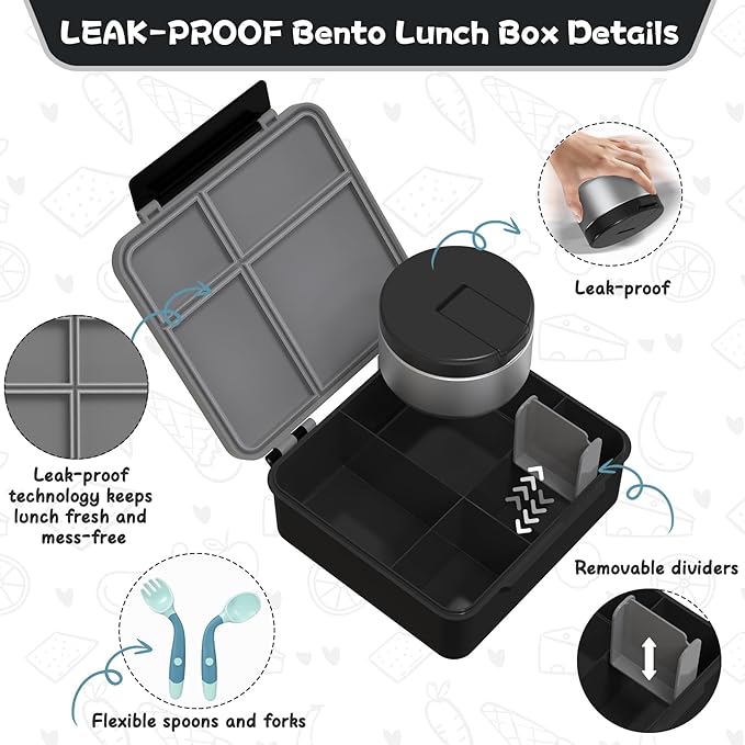 Aimsnk Kids Bento Lunch Box with 8oz Soup Thermo, Kids Leakproof Lunch Food Containers with 4 Compartment,Insulated Hot Food Jar with Lunch Bag for School, Travel (Black)