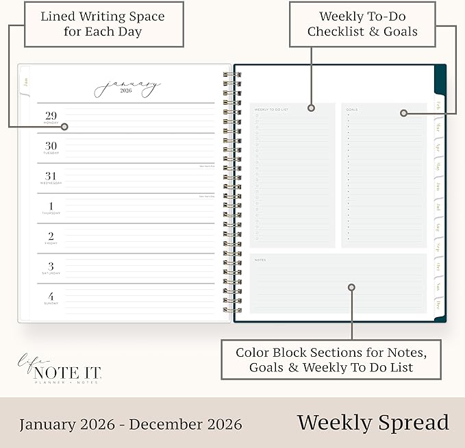 Blue Sky Life Note It 2026 Weekly and Monthly Planner Notes, January 2026 - December 2026, 7" x 9", Flexible Cover, Durable Twin Wire Binding, Storage Pocket, 50 Perforated Notes Sheets, Marina