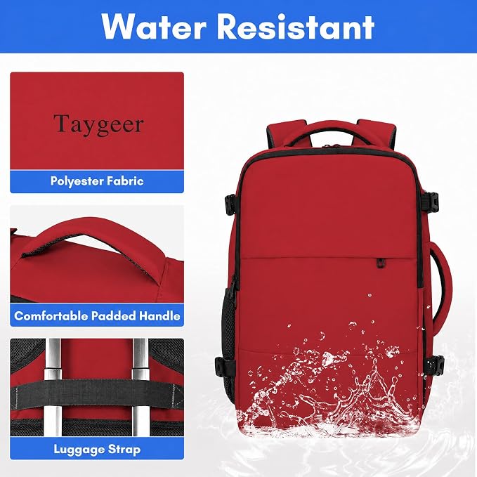 Taygeer 35L Carry on Travel Backpack for Women Men, Personal Item backpack | Travel Backpack with Laptop Compartment & Water Bottle Pocket, Lightweight Work Bag for Weekend Business Hiking, Bright Red