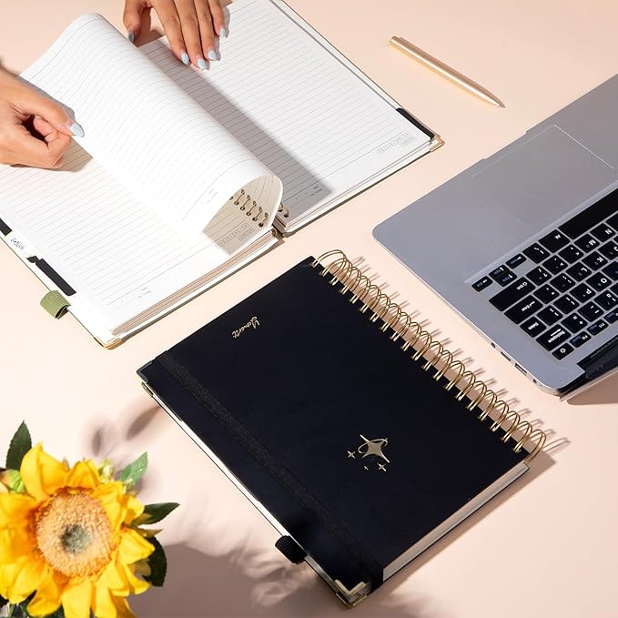 FLYING EAGLE Leather Spiral Notebooks for Work 5 Subject Notebook College Ruled with Dividers Pen, 360 Pages B5 Hardcover Lined Journals for Women Men Writing,Black