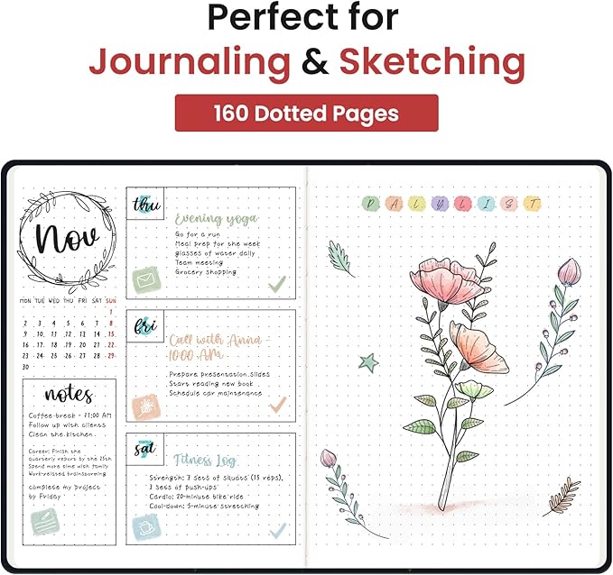 Taja Pretty Dotted Journal for Women, Aesthetic Cute Hardcover Leather Journal for Writing, A5 Journaling Notebook for Work & Sketch, Perfect for Office School Home, 160 Pages, Garden Bird