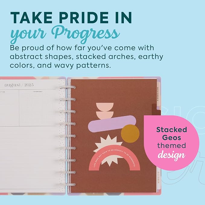Happy Planner Disc-Bound Academic Planner July 2025–June 2026, Includes 3 Extra Months and 2 Sticker Sheets, Classic Size, 7" x 9.25", Dashboard Layout, Stacked Geos