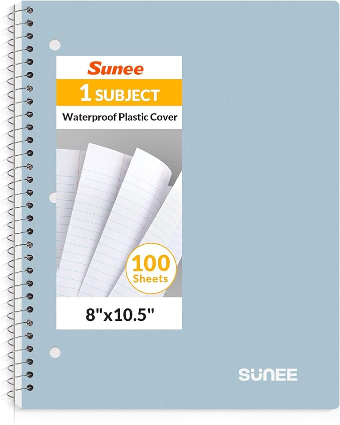 SUNEE Spiral Notebook, 1-Subject, College Ruled Paper, 8" x 10-1/2", 100 Sheets per Notebook, 3-Hole Punched Paper, Water Resistant Cover, Double-sided Pockets, Grey Blue