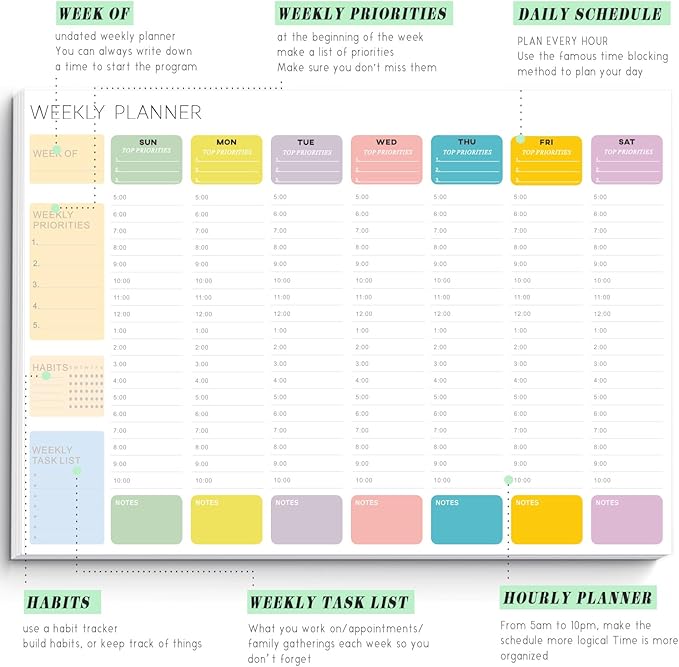 Undated Weekly Hourly Planner Notepad, Tear-Off ADHD Planner,Weekly Planner,Weekly Schedule Planner,Weekly To Do List Notepad(52 Sheets,8.5"x11",Colorful)