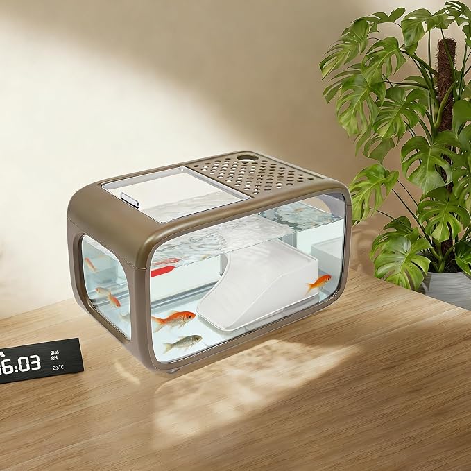 3.17-Gallon Cube Fish Tank, Modern Desktop Brown Fish Bowl with Feeding Hole, Compact Aquarium for Betta, Shrimp, Guppy, Goldfish, Home Office Desk Decor (Brown)