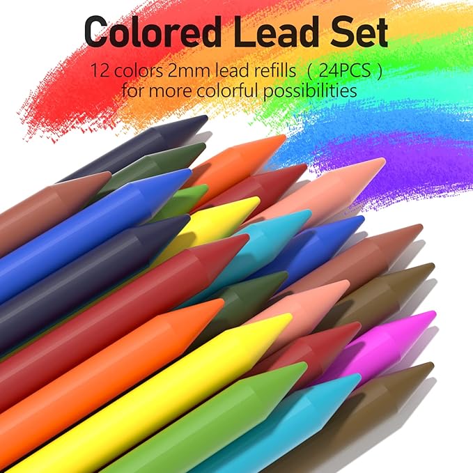 Four Candies 25PCS Mechanical Pencil Set with Case, Art Supplies with Metal Pencil 0.5, 0.7, 0.9 mm & 3PCS 2mm (HB 2H 2B 4B Color) & 432 Graphite Lead Refills, Technical Drawing Kit for Teen & Adults