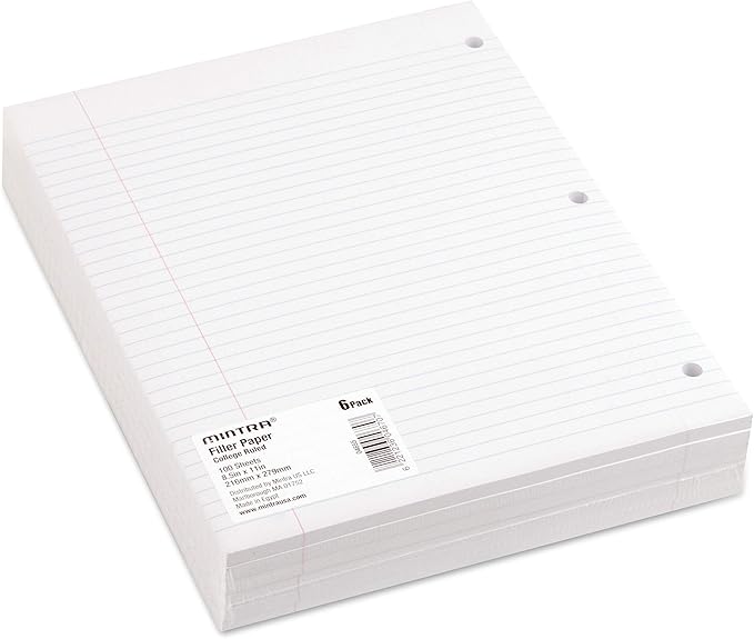Mintra Office Filler Paper (College Ruled, 600 Sheets (6pks of 100)) - for 3-Ring Binder, Notepaper, Loose leaf filler paper, punched, bulk pack