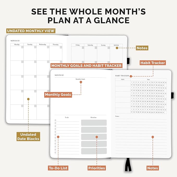 Decorably 240 Pages Gold Foil Monthly & Weekly Undated College Student Planner with Stickers, 6x8.6in Leatherette Hardcover with Goals, Priorities, to-dos, Habit Tracker & Notes - Home, School, Office