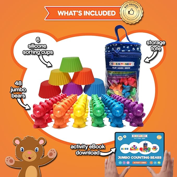 Jumbo Counting Bears with Stacking Cups - Montessori Educational Sorting Rainbow Toys For 3 Year Old Boys and Girls with 48 Preschool Math Manipulatives, Toy Storage and Toddler Games eBook