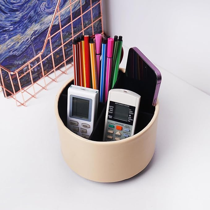 Round Leather Art Supply Organizer,Remote Control Holder,360 Degree Spinning,Multi-Functional Pencil Holder,4 Compartments Desktop Stationary Organizer(1-Oil Apricot)
