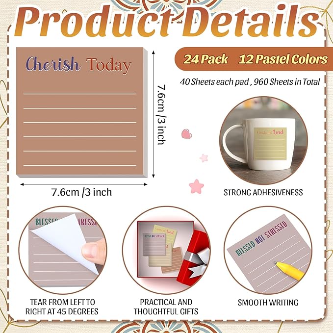 Yinder 24 Pcs Inspirational Sticky Notes Cute Motivational Sticky Notes Pad End of Year Employee Appreciation Gifts Bulk for Teacher Nurse Coworkers Office Supplies 3 x 3'' (Bible,Boho)