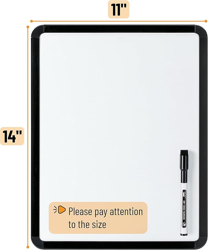 Mr. Pen- Dry Erase Board, 14” x 11” with a Black Dry Erase Marker, Black Frame, Small Mini White Board for Students, Fridge, Wall, Locker, Includes Double Sided Tapes