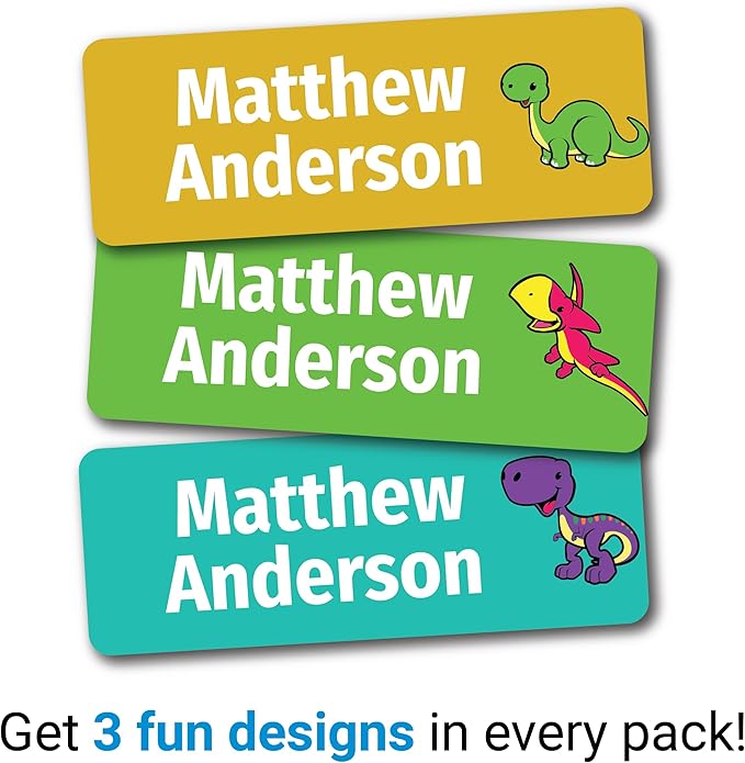Kids Personalized Name Labels for School, Camp, Daycare (128 Labels) Custom Peel and Stick Waterproof Name Tags Stickers for Water Bottles, Lunch Boxes, Clothing, School Supplies (Dinosaur)