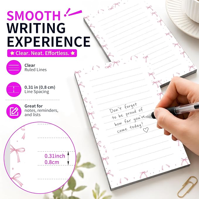 Lined Sticky Notes 4x6 in, 2 Pack Large Cute Notepads with Lines Self-Stick Note Pad, Funny Memo Pads Strong Adhesive for Office, Home Cute Pink Bowtie