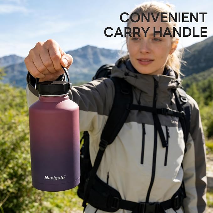 Navigate 64 oz Insulated Stainless Steel Sports Water Bottle with Spout & Handle Lids,Wide Mouth Water Jug with Double Walled Leak Proof Keep Cold for 24 Hrs Hot for 12 Hrs, Red to Black
