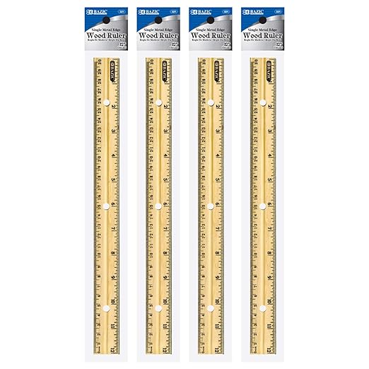 BAZIC Products Wooden Ruler – Single Metal Edge Drafting Ruler for Measuring, Drawing & Crafting, Wooden Straight Edge Ruler for School & Office, 12 Inch, 4-Pack