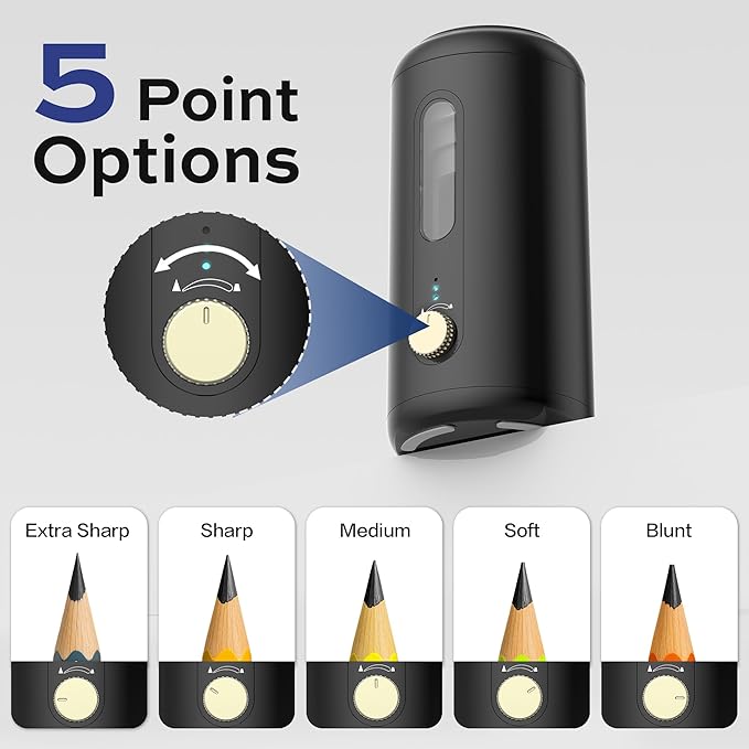 VUSIGN Electric Pencil Sharpener, Fully Automatic Pencil Sharpener with 5 Sharpness Settings, Rechargeable 2000mAh, Auto in & Out, for 6.9–10.8mm No.2/Colored Pencils, Office/Classroom/Home (Black)