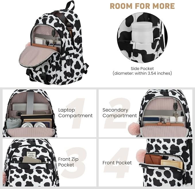 WINDARS School Backpack for Teen Girls, Cute College Backpacks for Women Students Aesthetic Bookbag Large 15.6 Inch Laptop Bag Middle School Travel Back Pack (Cow Print Black)