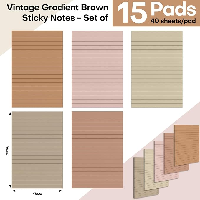 Wiooffen 15 Pads Brown Color Sticky Notes with Lined 4x6in Ruled Self Stick Note Pad Boho Super Sticking Power Memo Pad Vintage Aesthetic School Office Meeting Supplies Accessories 40 Sheets/pad 4x6in