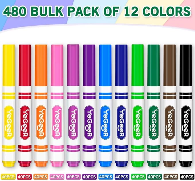 YEGEER 480 Count Washable Markers Bulk – 12 Assorted Colors, Broad Tip Markers for Kids, Teachers, and Classroom Supplies, Perfect for Art and Coloring.