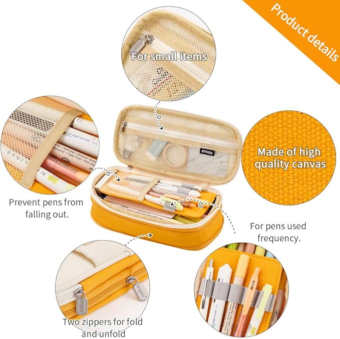 EASTHILL Big Capacity Pencil Pen Case Office College School Large Storage High Bag Pouch Holder Box Organizer Yellow Orange