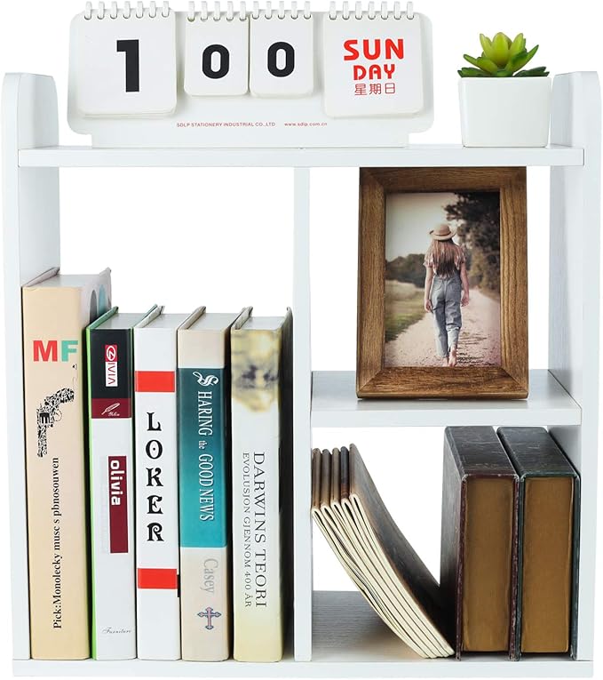 PAG Desktop Shelf Freestanding Wood Small Bookshelf Desk Supplies Organizers and Accessories Storage Display Rack Office Decor for Women, White