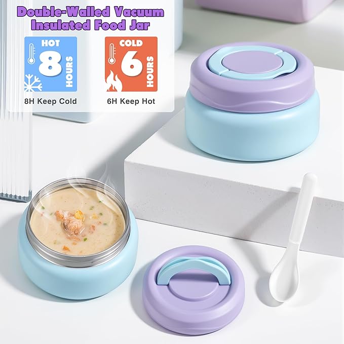 Bento Lunch Box for Kids with 7oz Soup Thermo,Insulated Stainless Steel Kids Water Bottle with Straw and Insulated Lunch Bag,Leak-Proof Lunch Food Container with Ice Pack for School (Purple)