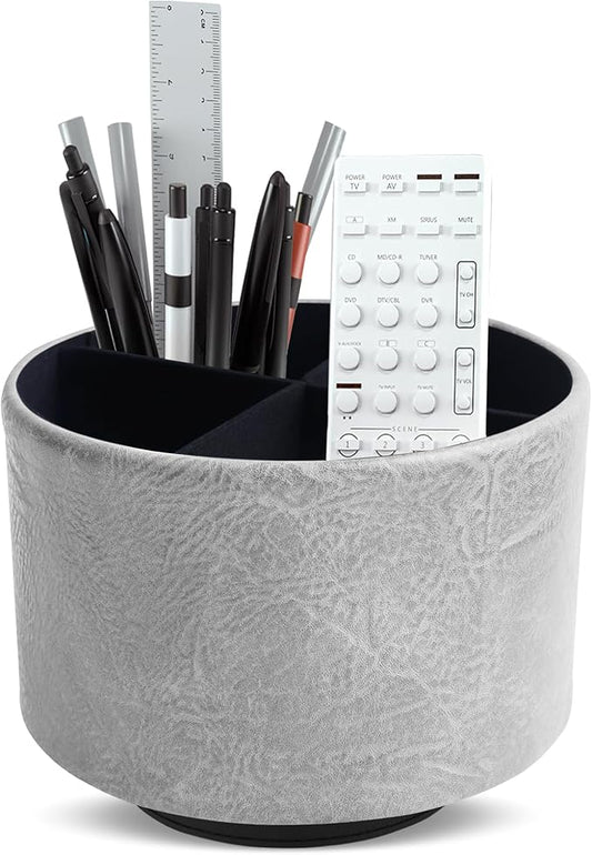 Round Leather Art Supply Organizer,Remote Control Holder,360 Degree Spinning,Multi-Functional Pencil Holder,4 Compartments Desktop Stationary Organizer(1-Crazy Blue)